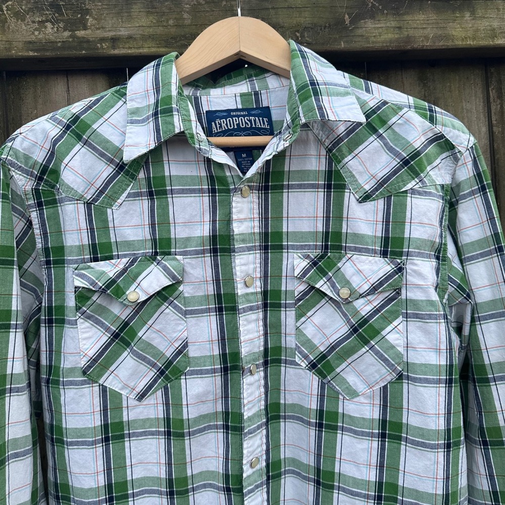 Aeropostale Plaid Western Pearl Snap Long Sleeve Shirt Green Sz Medium Retro Y2K - Picture 2 of 8